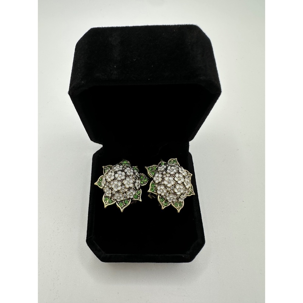 Rare Heidi Daus Floral Enamel Crystal Omega Back Earrings White Green Gold Tone